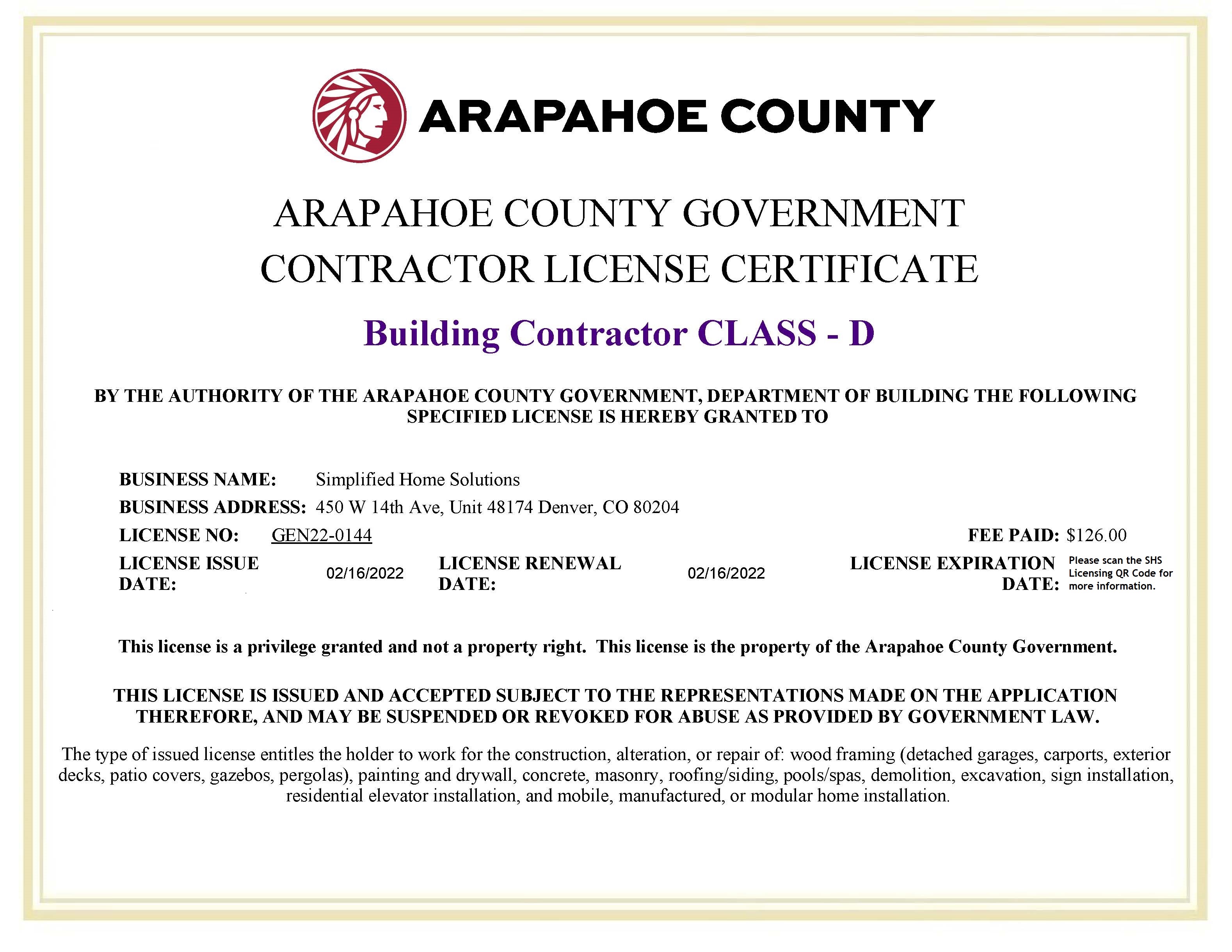 Arapahoe County - Contractor License 