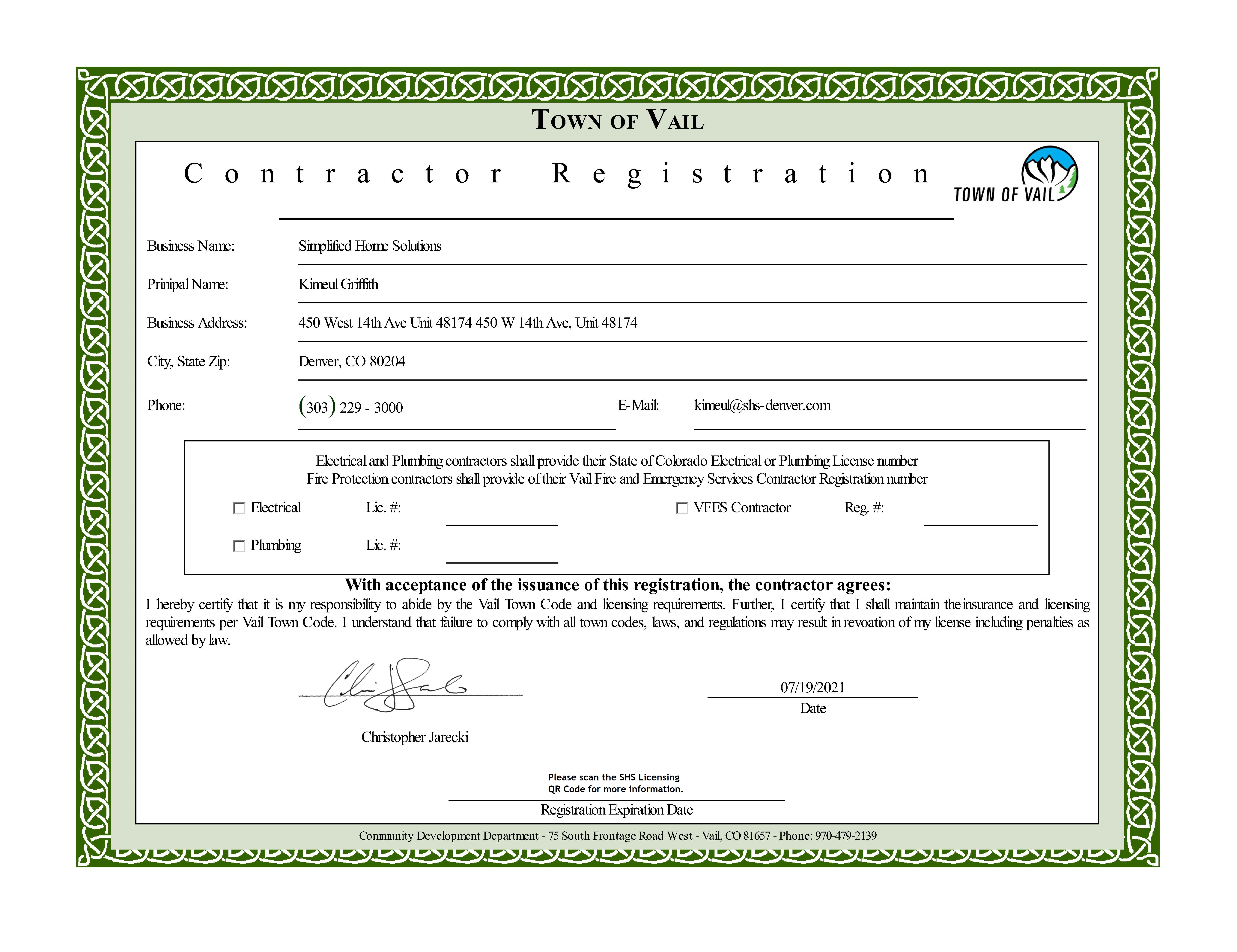 Town of Vail - Contractor Certification